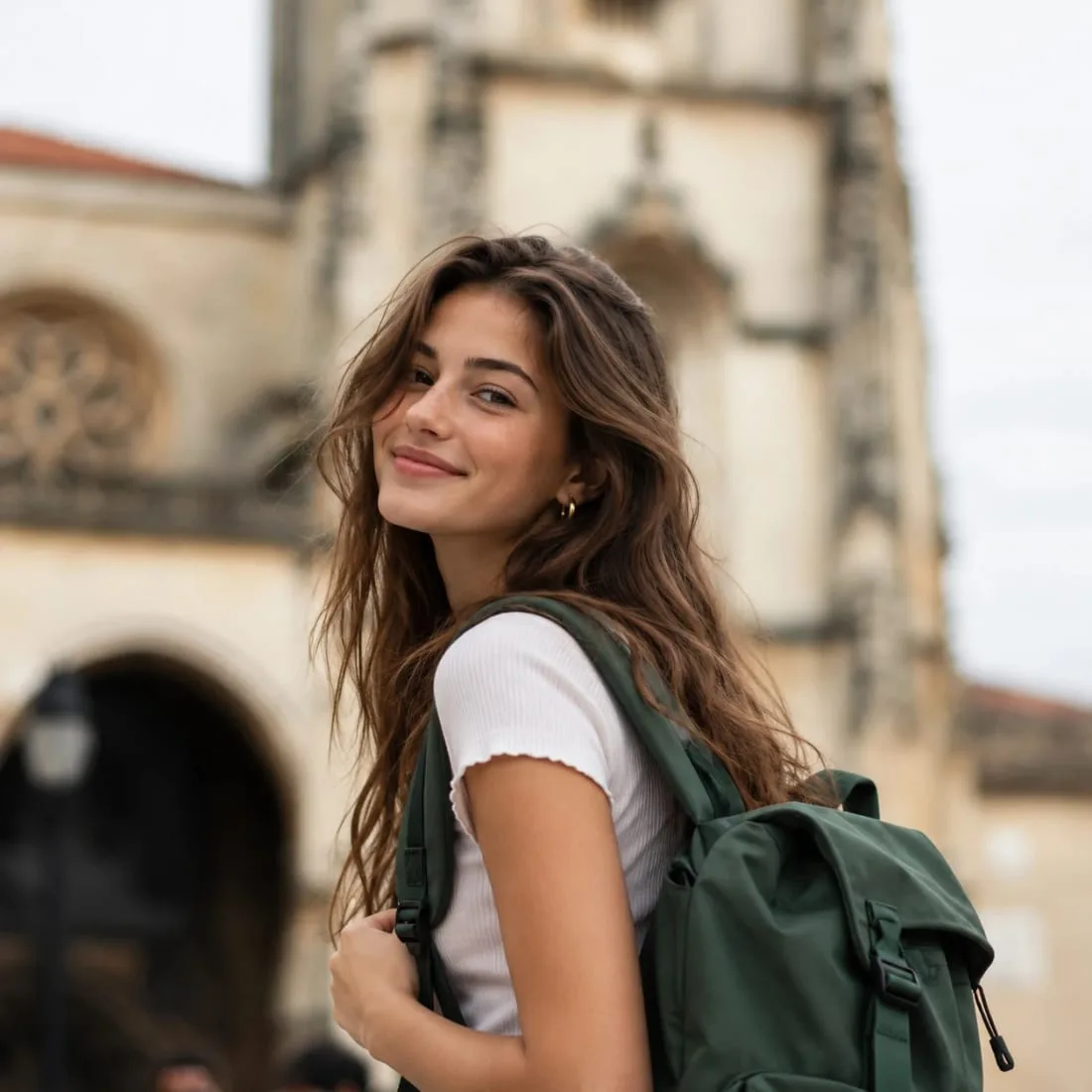 A student with a backpack in the street of an old European city